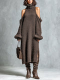 Chic Elegant Brown Turtleneck Cold-Shoulder Long-Sleeve Side Slit Detail Loose-Fit Soft Knit Midi Dress
