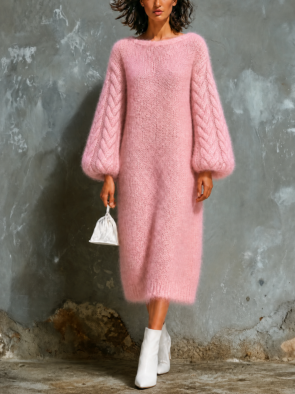 Chic Elegant Pink Boat Neck Cable Balloon‑Sleeve Loose-Fit Mohair‑Blend Knit Midi Dress
