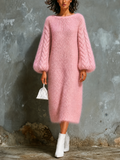 Chic Elegant Pink Boat Neck Cable Balloon‑Sleeve Loose-Fit Mohair‑Blend Knit Midi Dress