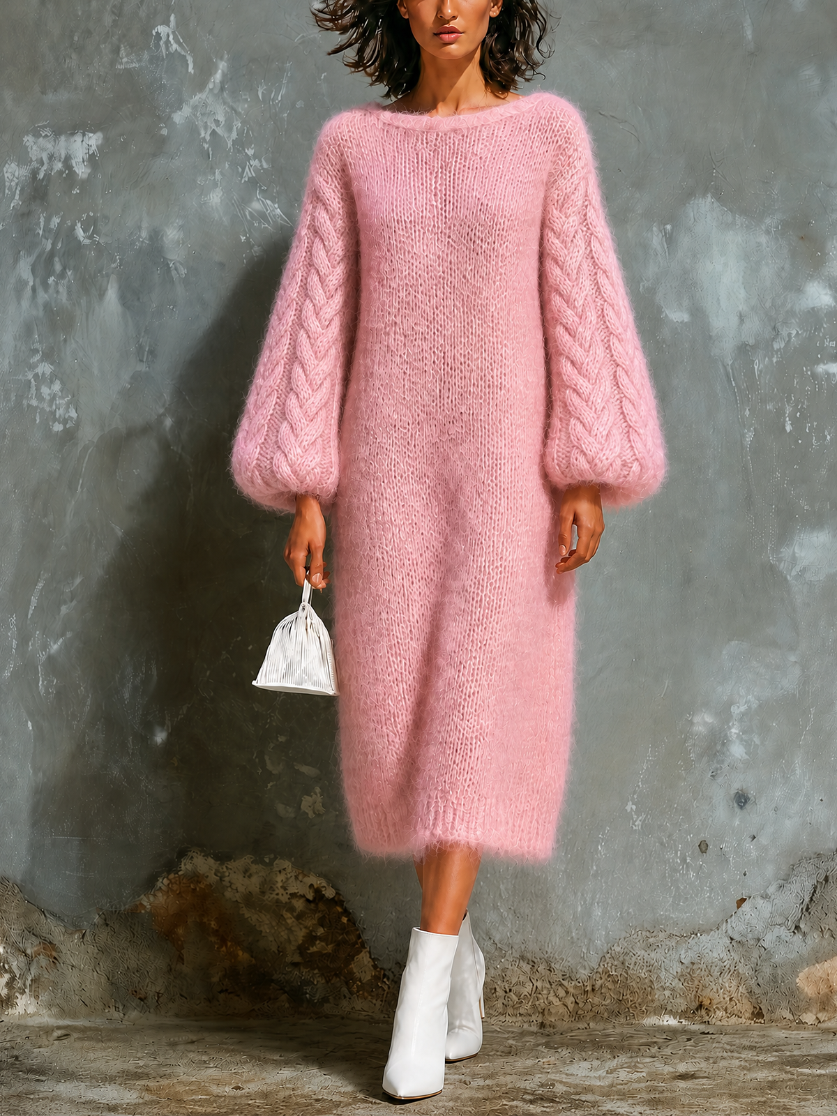 Chic Elegant Pink Boat Neck Cable Balloon‑Sleeve Loose-Fit Mohair‑Blend Knit Midi Dress