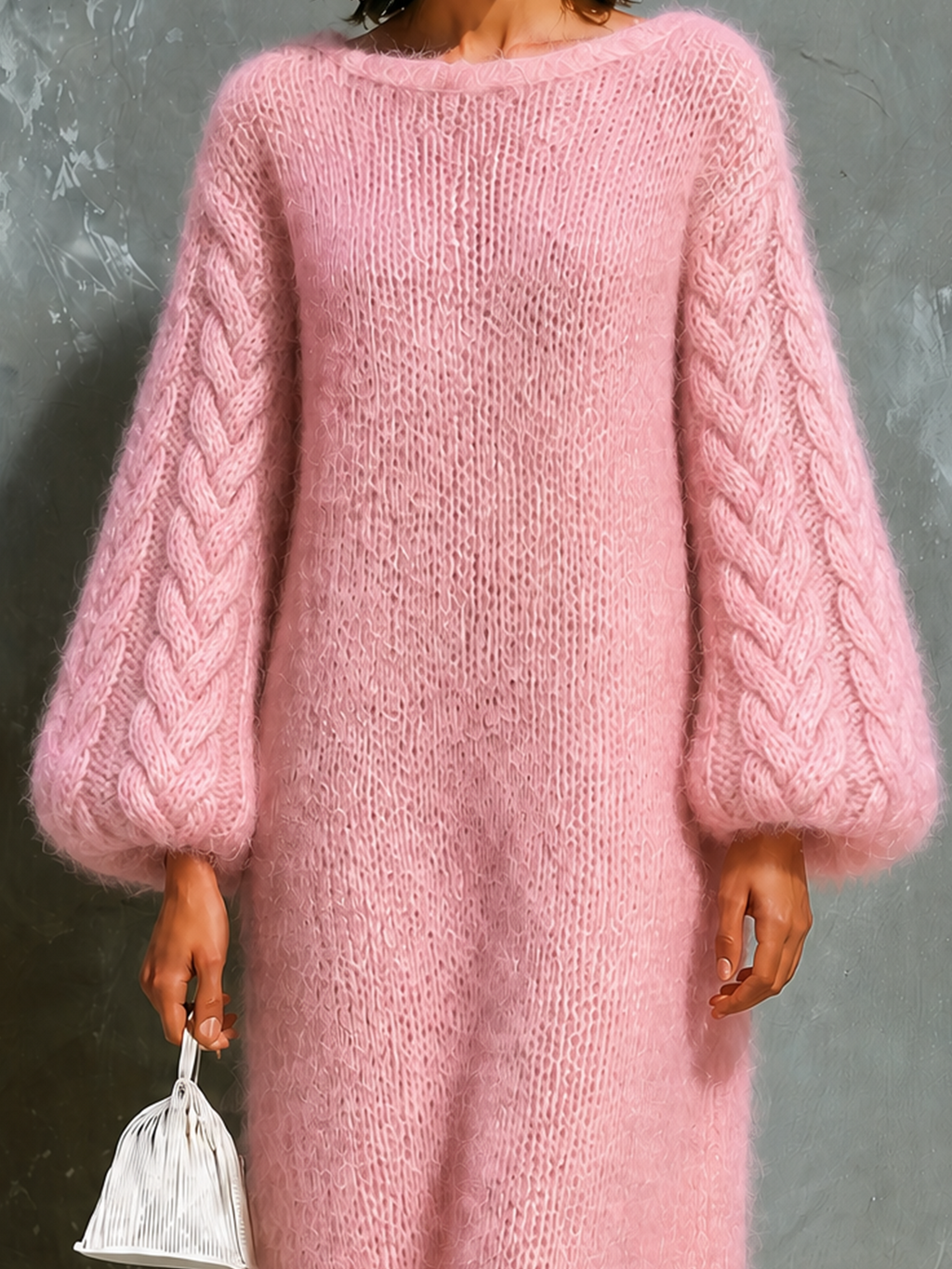 Chic Elegant Pink Boat Neck Cable Balloon‑Sleeve Loose-Fit Mohair‑Blend Knit Midi Dress
