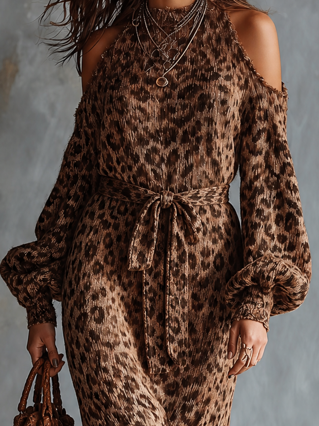 Chic Elegant Brown Leopard Jacquard Cold‑Shoulder Raw Edge High Neck Long-Sleeve Loose-Fit Waist Belt Side Slit Knit Midi Dress