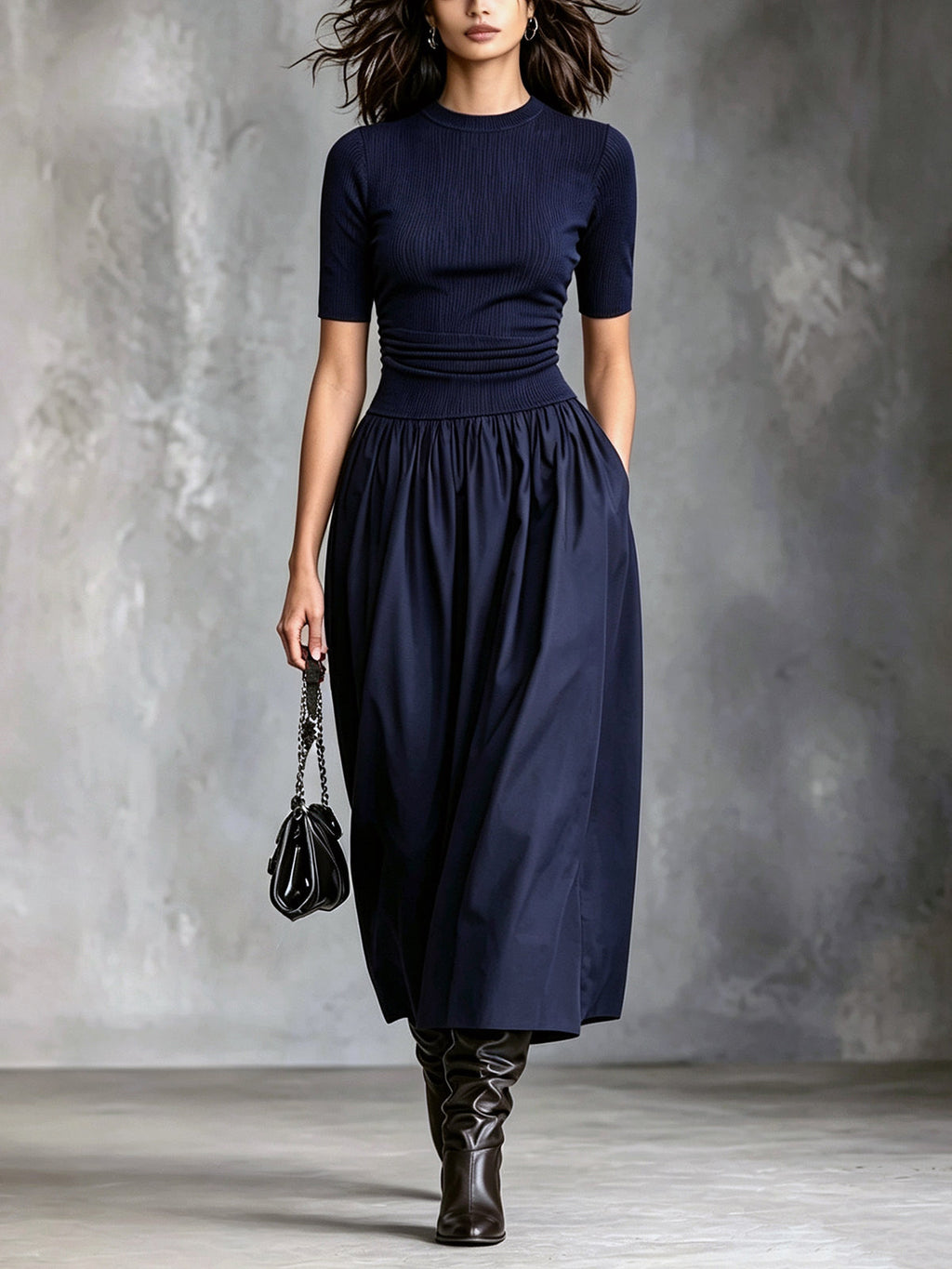 Chic Casual Navy Blue Knit Round-Neck Short-Sleeve Pleats Detail Cotton Blend A-Line Patchwork Midi Dress