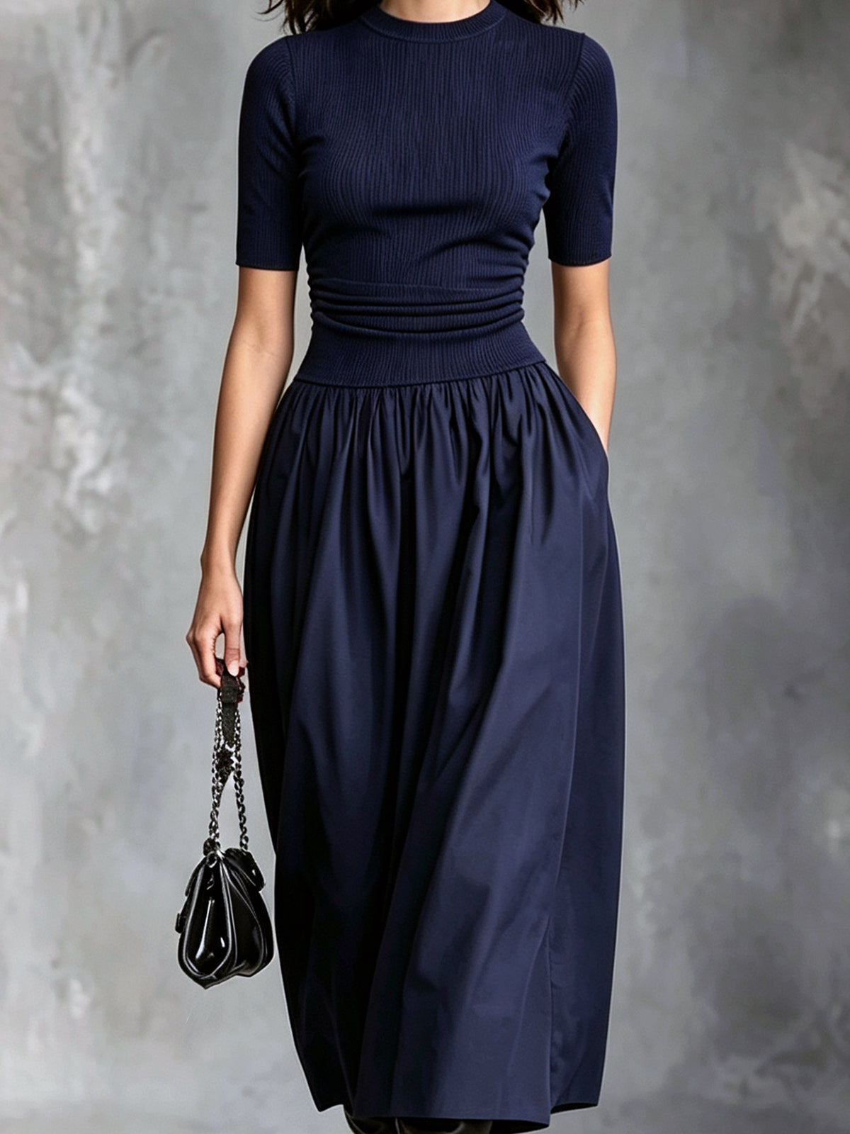 Chic Casual Navy Blue Knit Round-Neck Short-Sleeve Pleats Detail Cotton Blend A-Line Patchwork Midi Dress