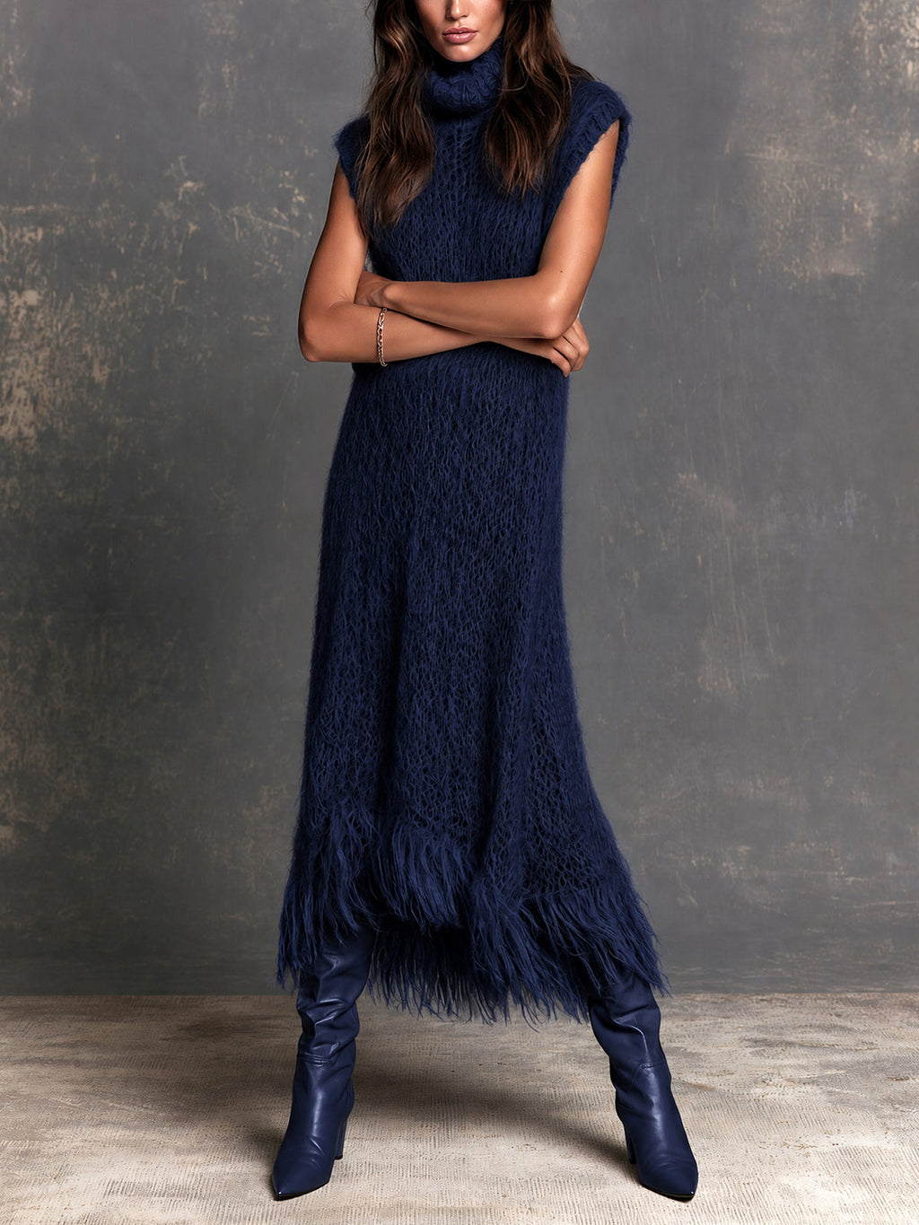 Chic Elegant Navy Blue Turtleneck Sleeveless Fringe Detail Loose-Fit A-Line Fuzzy Knit Maxi Dress