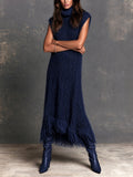 Chic Elegant Navy Blue Turtleneck Sleeveless Fringe Detail Loose-Fit A-Line Fuzzy Knit Maxi Dress