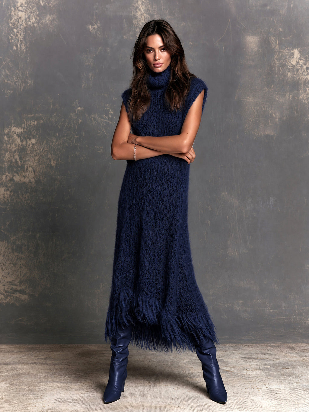 Chic Elegant Navy Blue Turtleneck Sleeveless Fringe Detail Loose-Fit A-Line Fuzzy Knit Maxi Dress