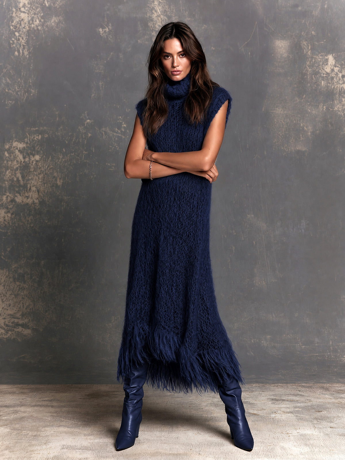 Chic Elegant Navy Blue Turtleneck Sleeveless Fringe Detail Loose-Fit A-Line Fuzzy Knit Maxi Dress