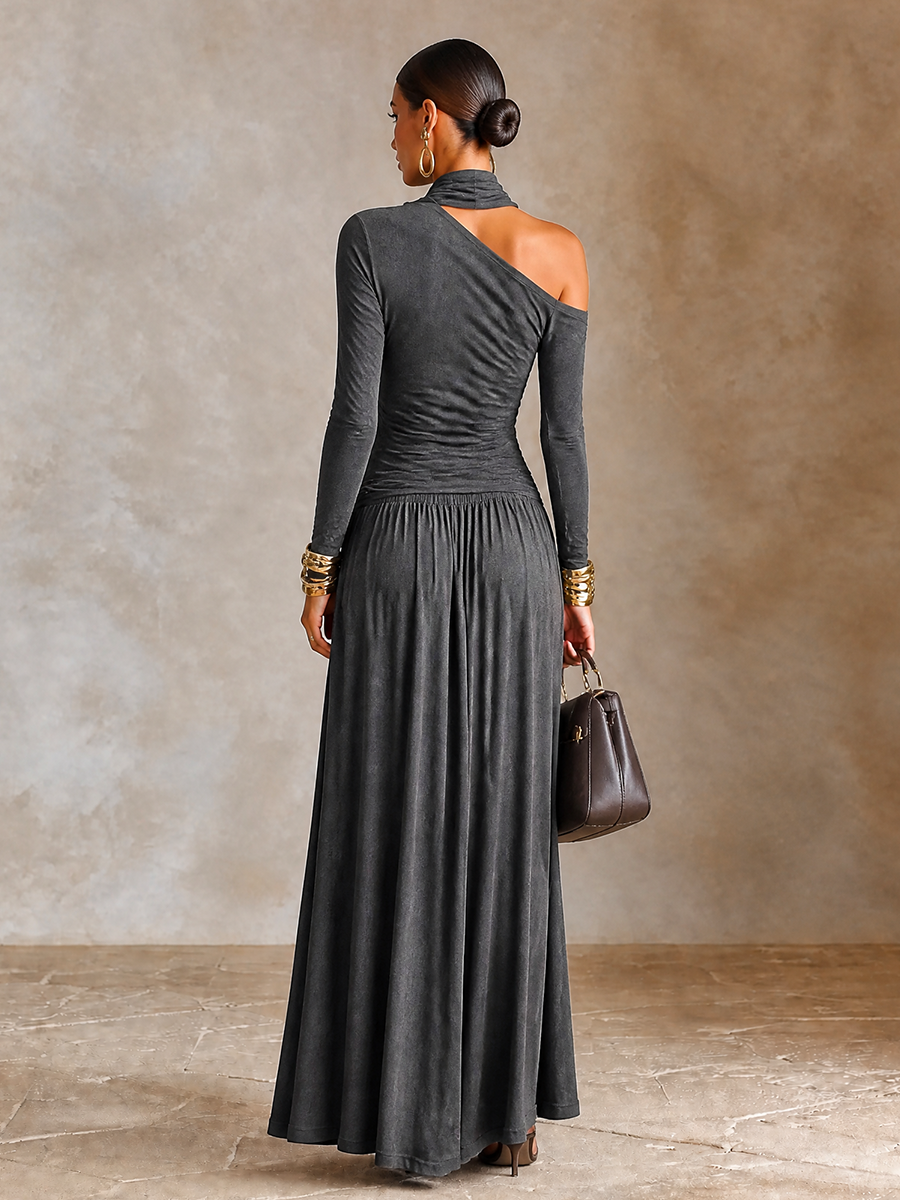 Women's Asymmetric Off‑Shoulder Long Sleeve Vacation Maxi Dress MDZ1183H4LYL