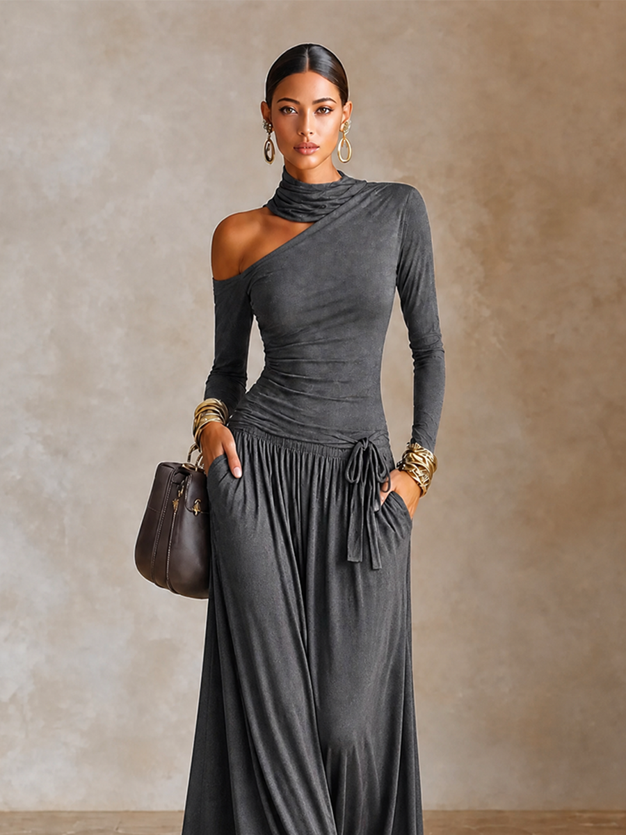 Women's Asymmetric Off‑Shoulder Long Sleeve Vacation Maxi Dress MDZ1183H4LYL