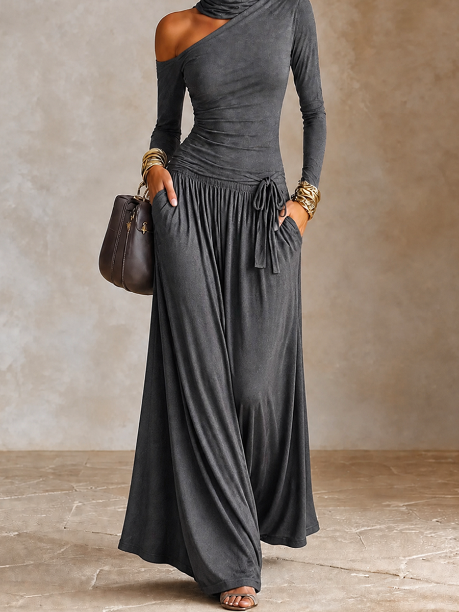 Women's Asymmetric Off‑Shoulder Long Sleeve Vacation Maxi Dress MDZ1183H4LYL