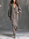 Chic Elegant Gray Melange Notched Lapel Single-Breasted Dropped Shoulder Long-Sleeve Loose-Fit Knit Midi Dress
