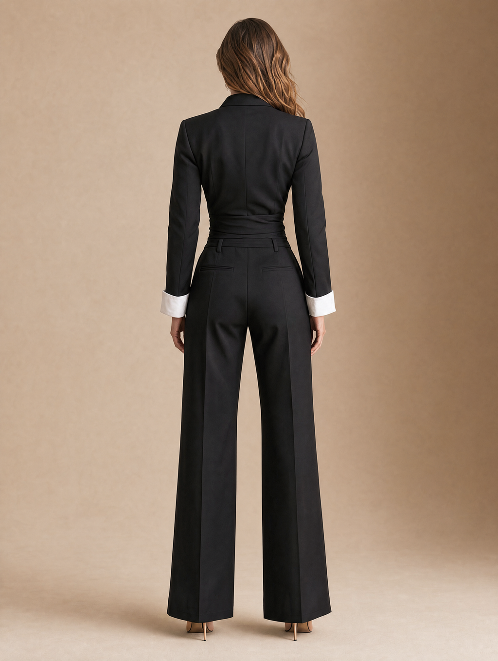 Black Tailored Wrap Blazer with Contrast White Shirt Collar and Cuffs