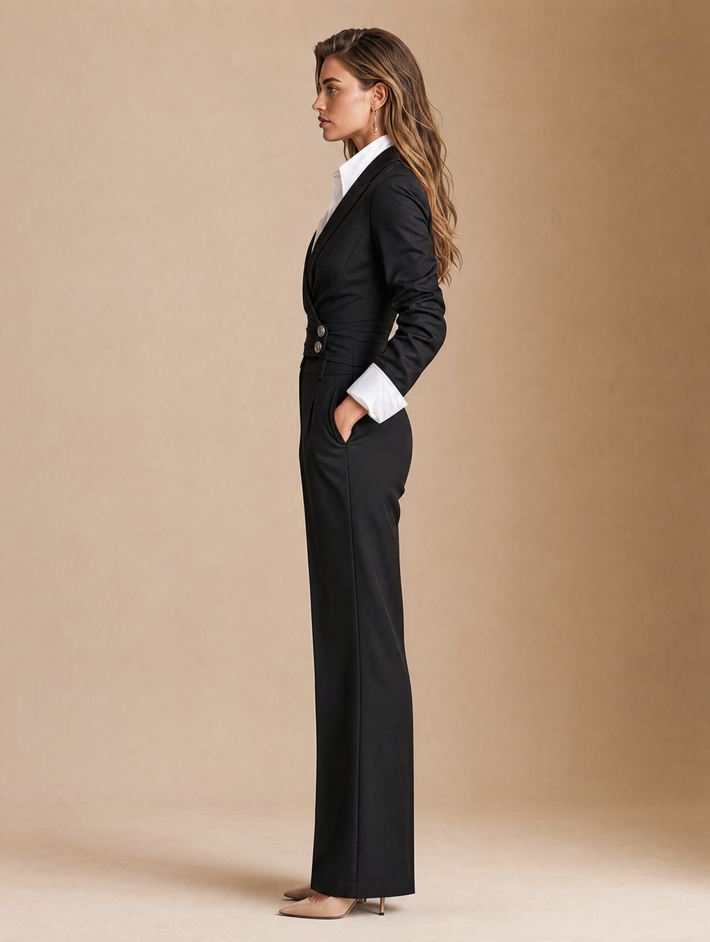 Black Tailored Wrap Blazer with Contrast White Shirt Collar and Cuffs