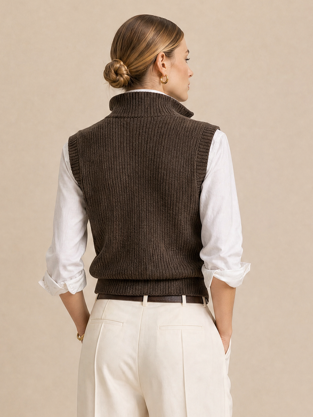 Elegant White Shirt & Chocolate Brown High-Neck Knit Vest Two-Piece Set