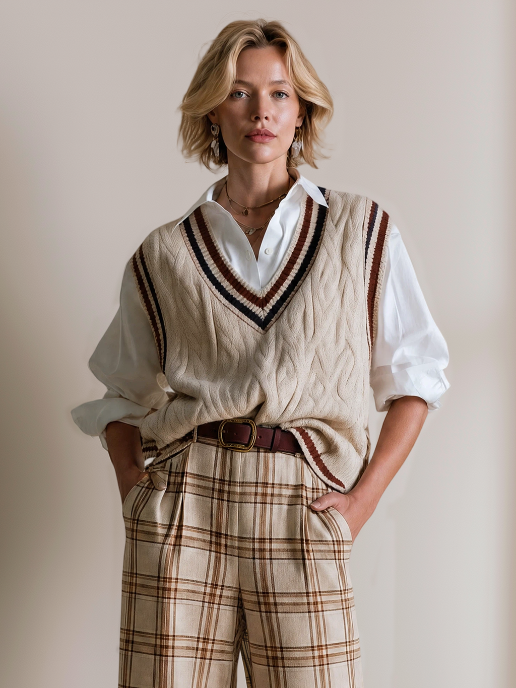 Elegant Ivory & Burgundy Contrast Faux- Layer Knit Vest Shirt