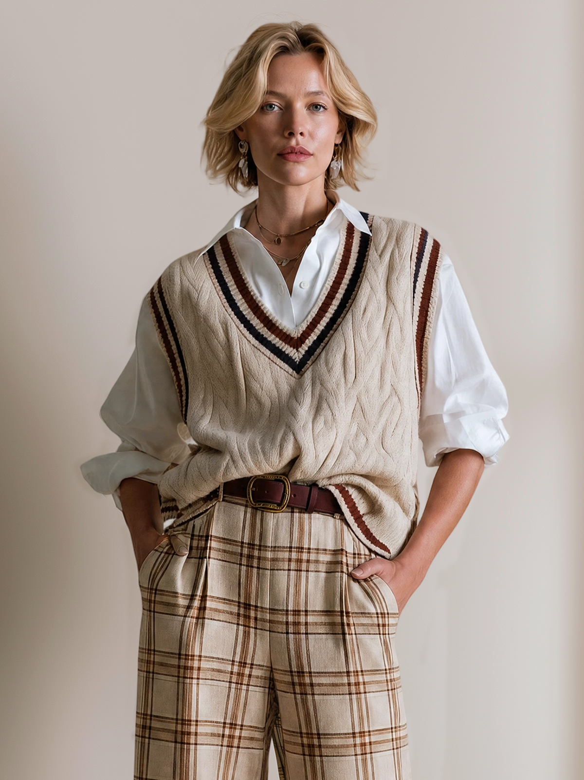Elegant Ivory & Burgundy Contrast Faux- Layer Knit Vest Shirt