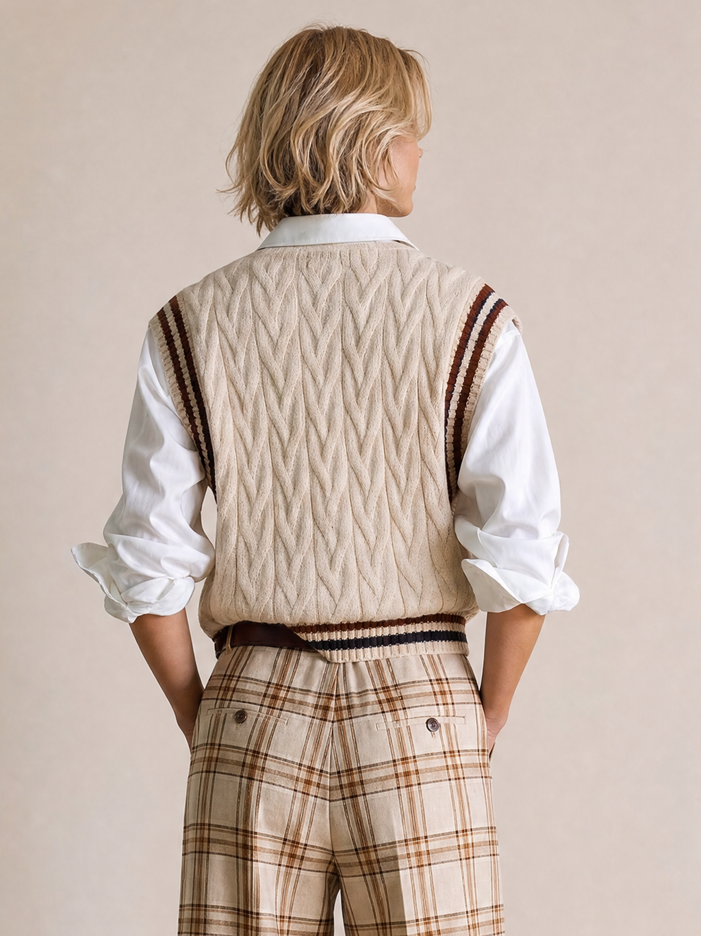 Elegant Ivory & Burgundy Contrast Faux- Layer Knit Vest Shirt