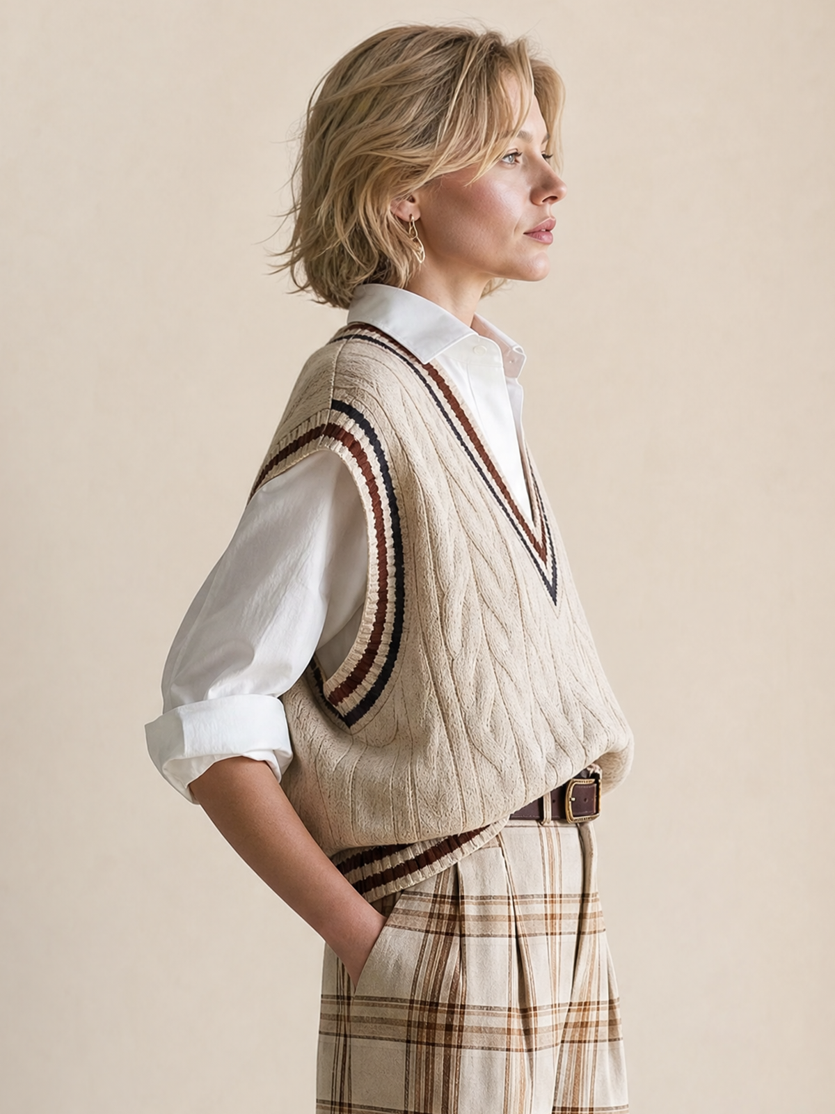 Elegant Ivory & Burgundy Contrast Faux- Layer Knit Vest Shirt