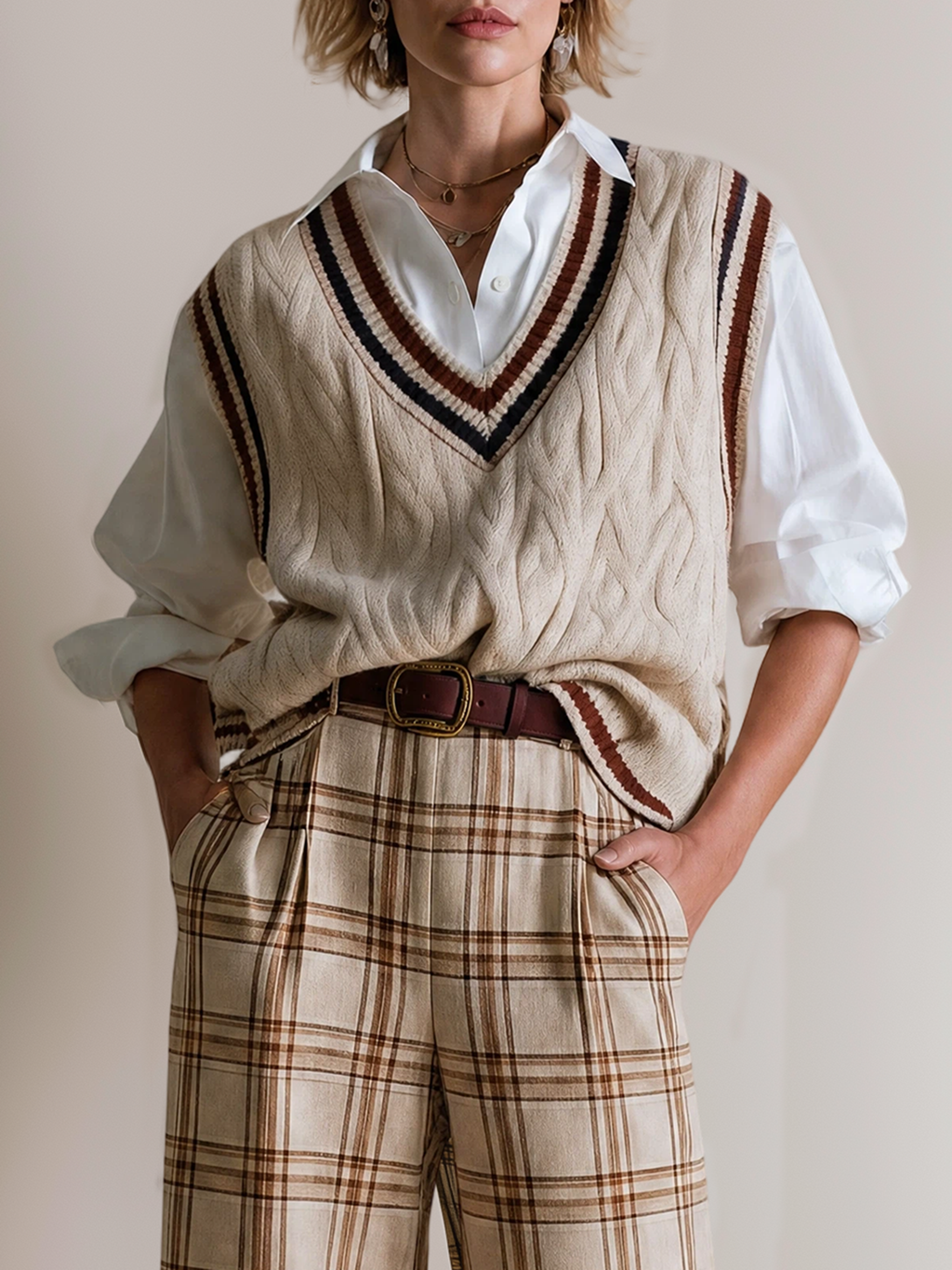Elegant Ivory & Burgundy Contrast Faux- Layer Knit Vest Shirt
