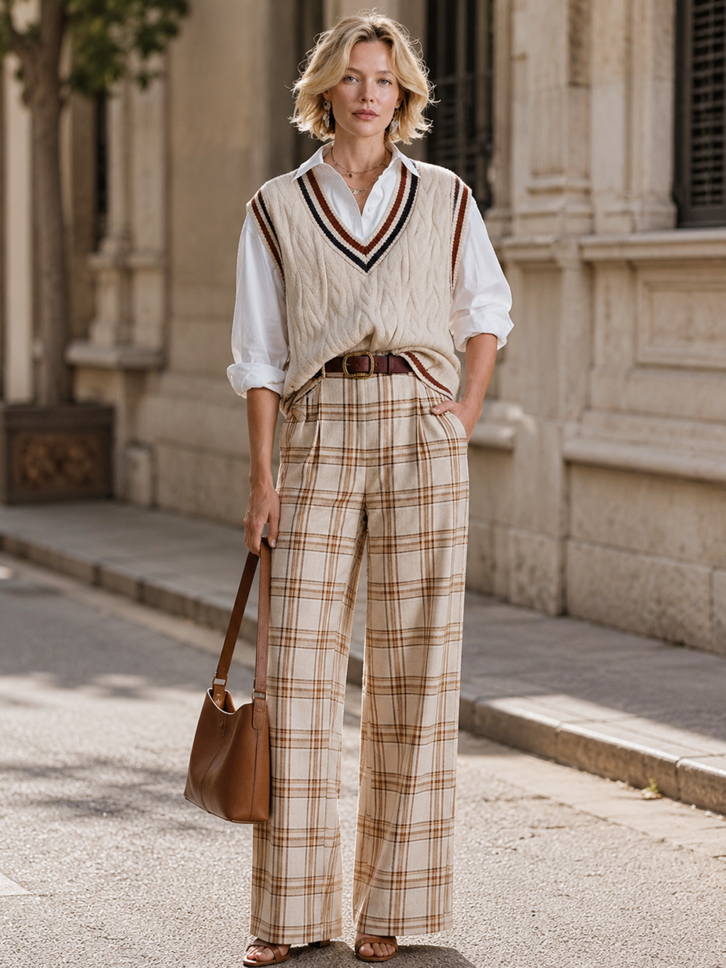 Elegant Ivory & Burgundy Contrast Faux- Layer Knit Vest Shirt