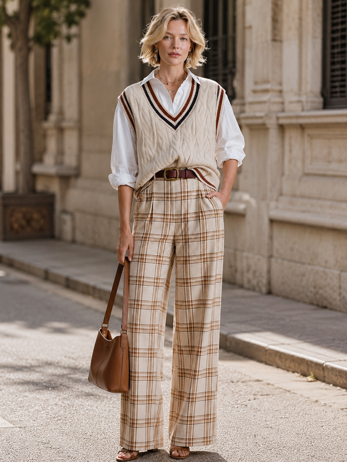 Elegant Ivory & Burgundy Contrast Faux- Layer Knit Vest Shirt