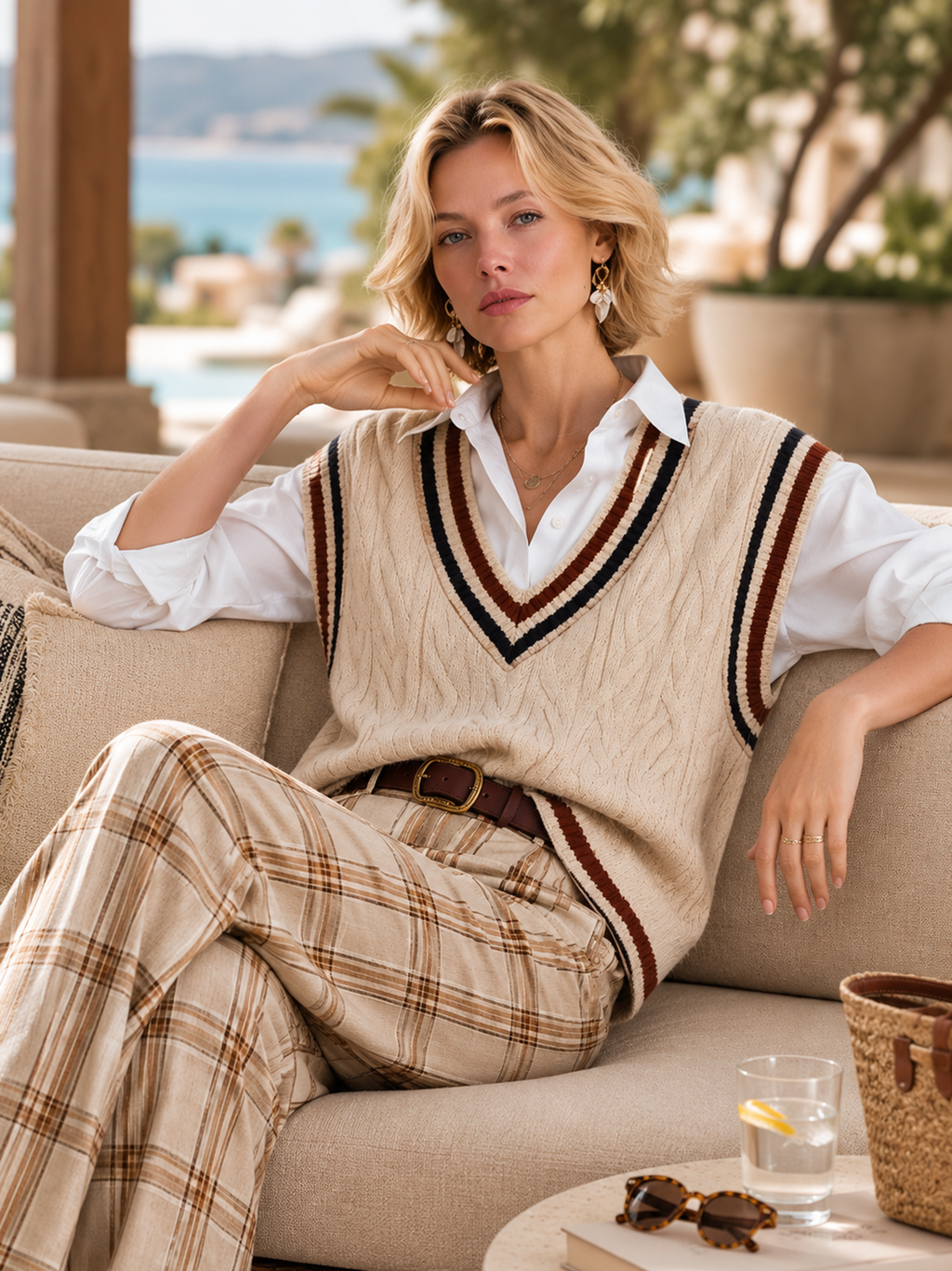 Elegant Ivory & Burgundy Contrast Faux- Layer Knit Vest Shirt