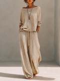 Women's Casual Wool-Knit Boat-Neck Dropped-Shoulder Long-Sleeve Sweater & Drawstring Wide-Leg Trouser Set MDZ1810H2CMX