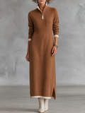 Women's Retro Color-Block Raglan-Sleeve Maxi Dress With Trim And Zip-Up Stand Collar MDZ2180H2WY