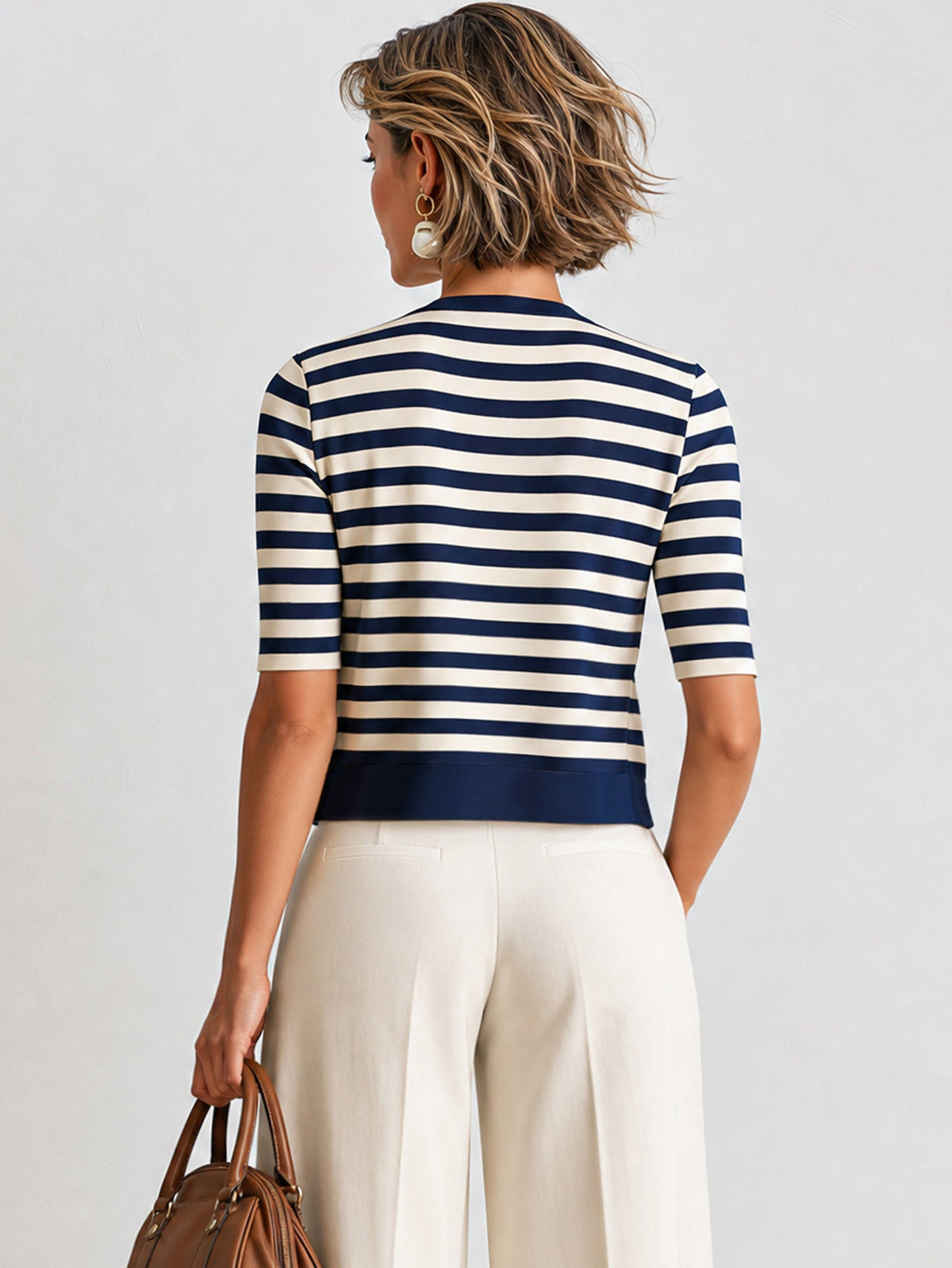 Elegant Knit Cardigan With Classic Breton Stripe & Elbow-Length Sleeves