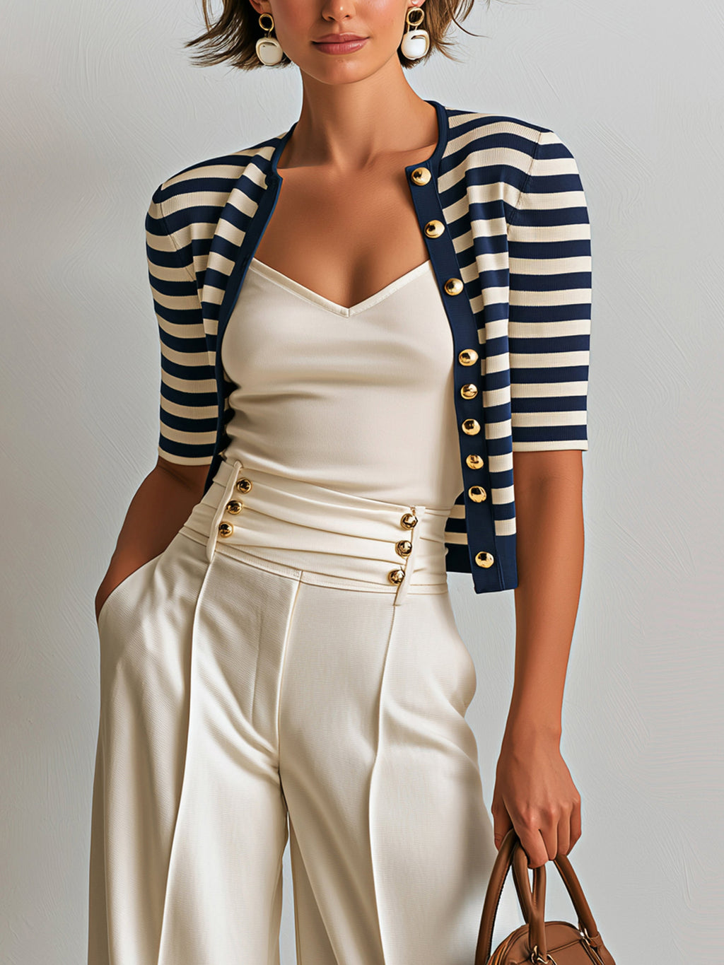 Elegant Knit Cardigan With Classic Breton Stripe & Elbow-Length Sleeves