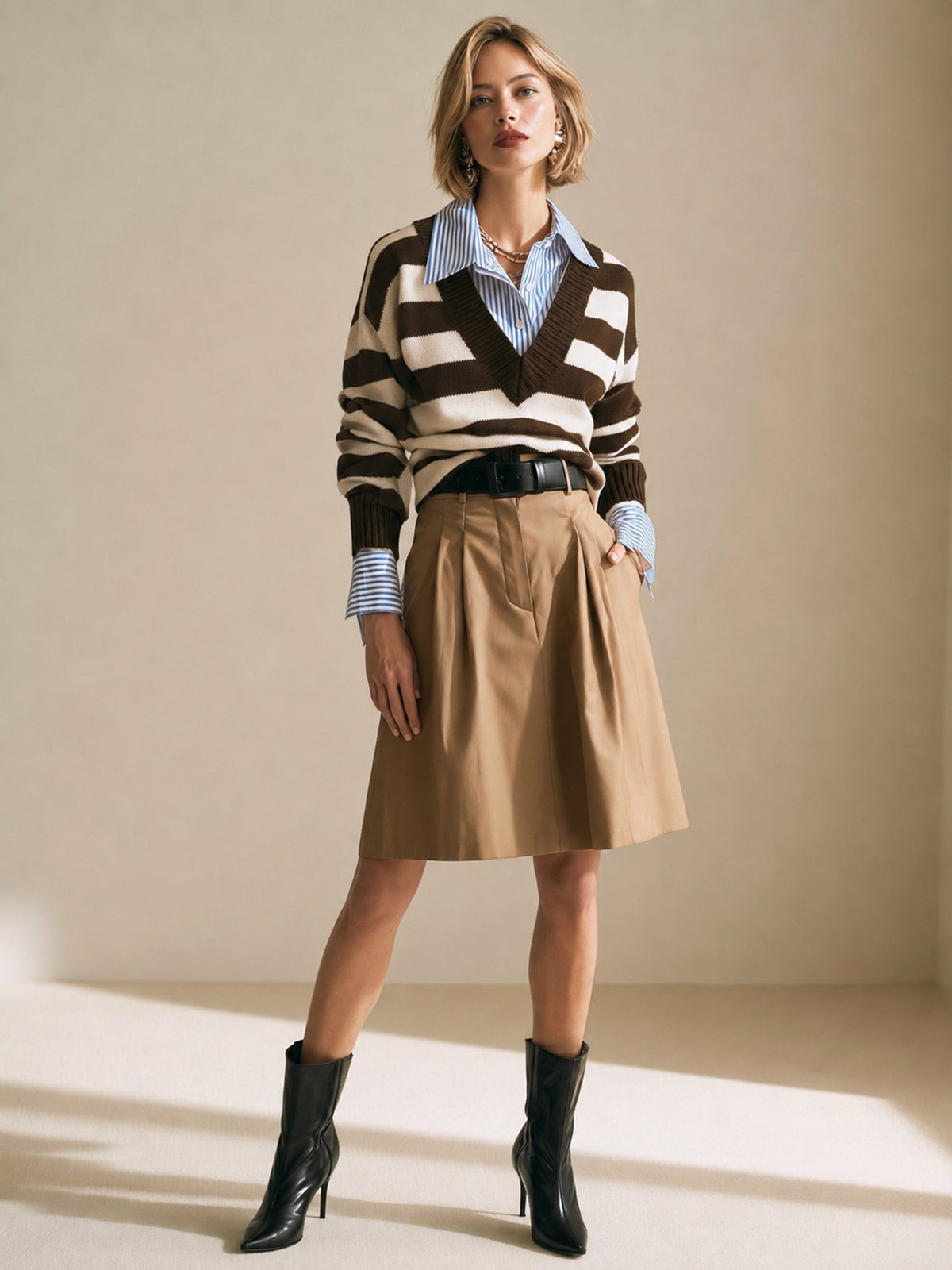 Preppy Striped Layered Faux-layered Knit Top