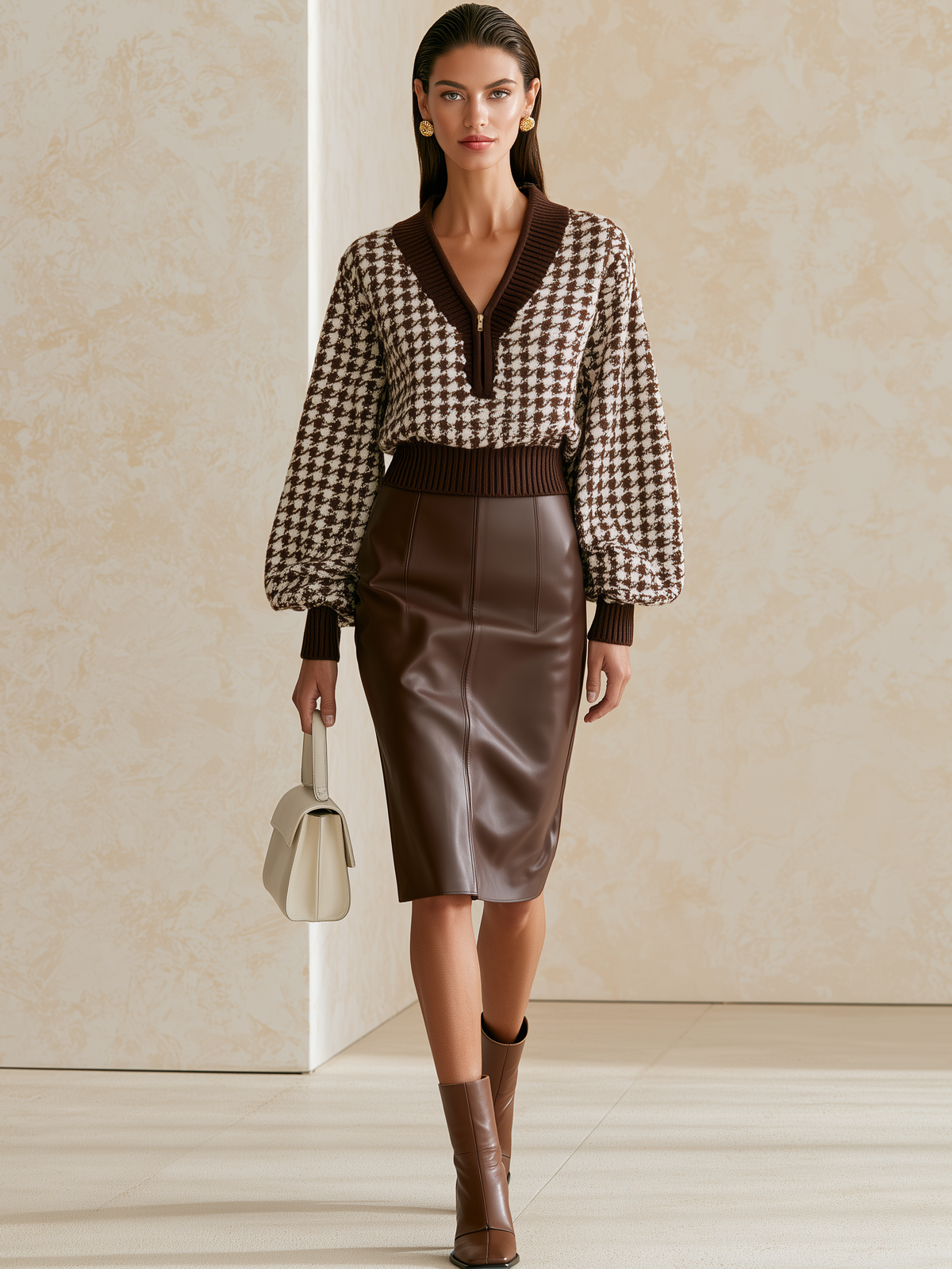 Dark Seamed High‑Waist Midi Pencil Skirt