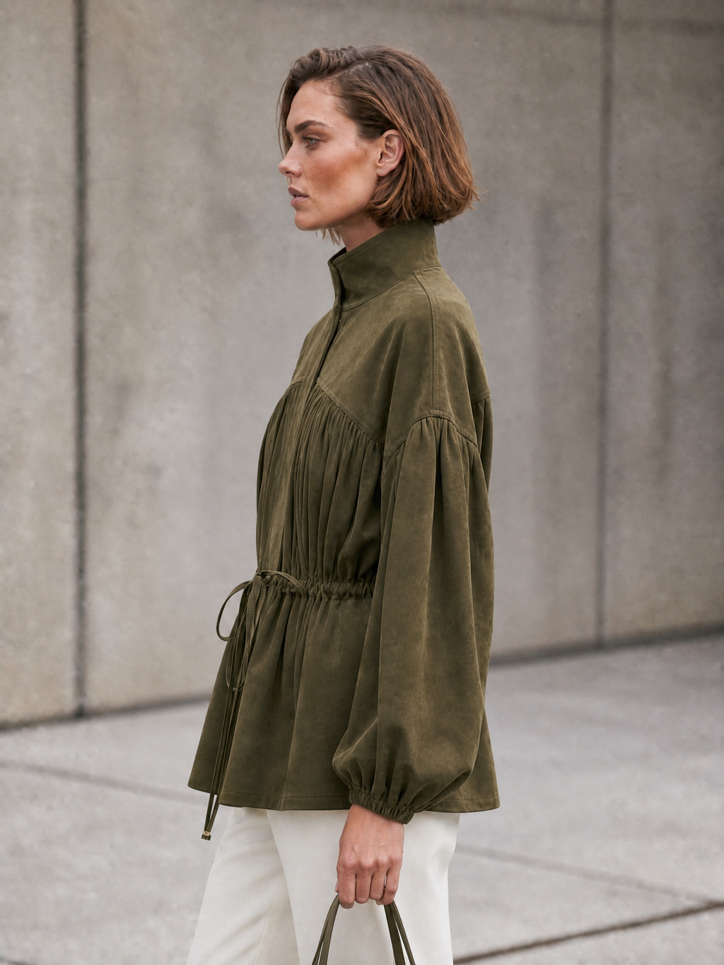 Women's Balloon Sleeve Drawstring Olive Jacket MDZ2739H1YZJ