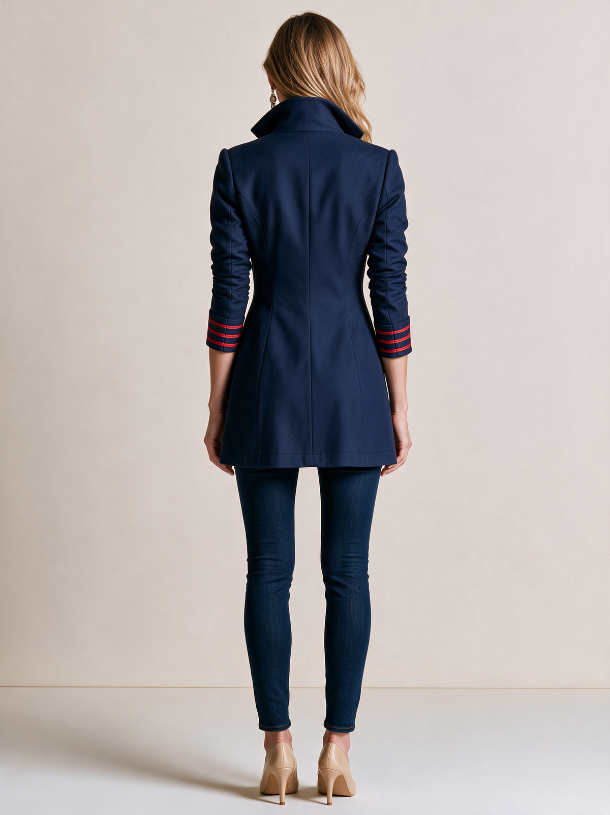Navy Double-Breasted Tailored Blazer Top With Red Trim And Stripe Shirt Layer