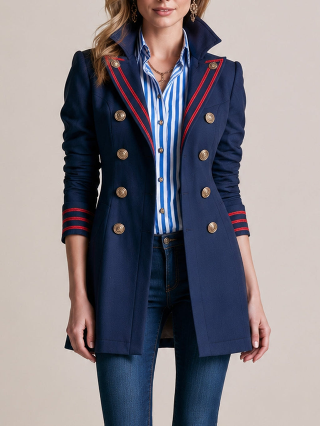 Navy Double-Breasted Tailored Blazer Top With Red Trim And Stripe Shirt Layer