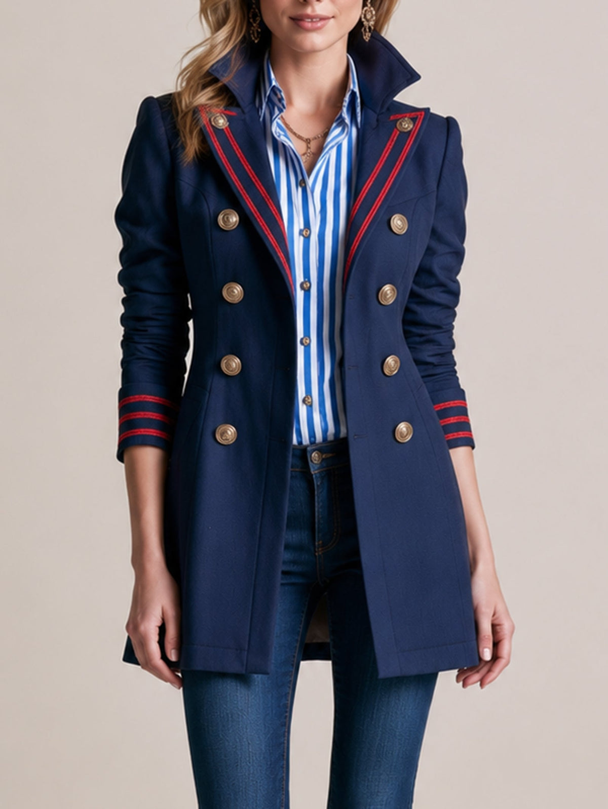 Navy Double-Breasted Tailored Blazer Top With Red Trim And Stripe Shirt Layer