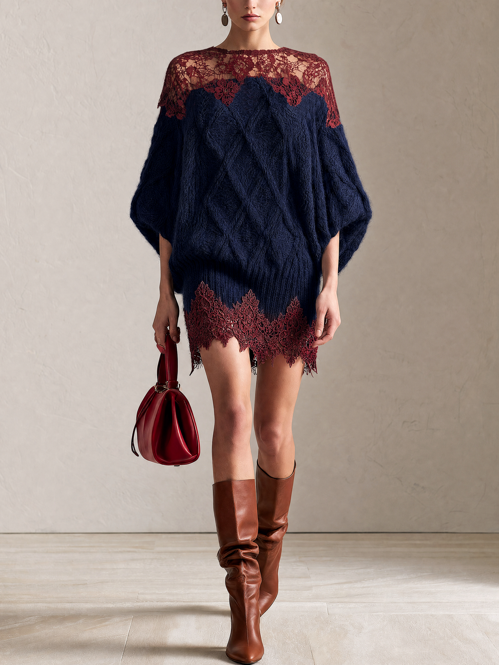 Wine‑Red Lace‑Trim Navy Cable‑Knit Batwing‑Sleeve Mini Dress
