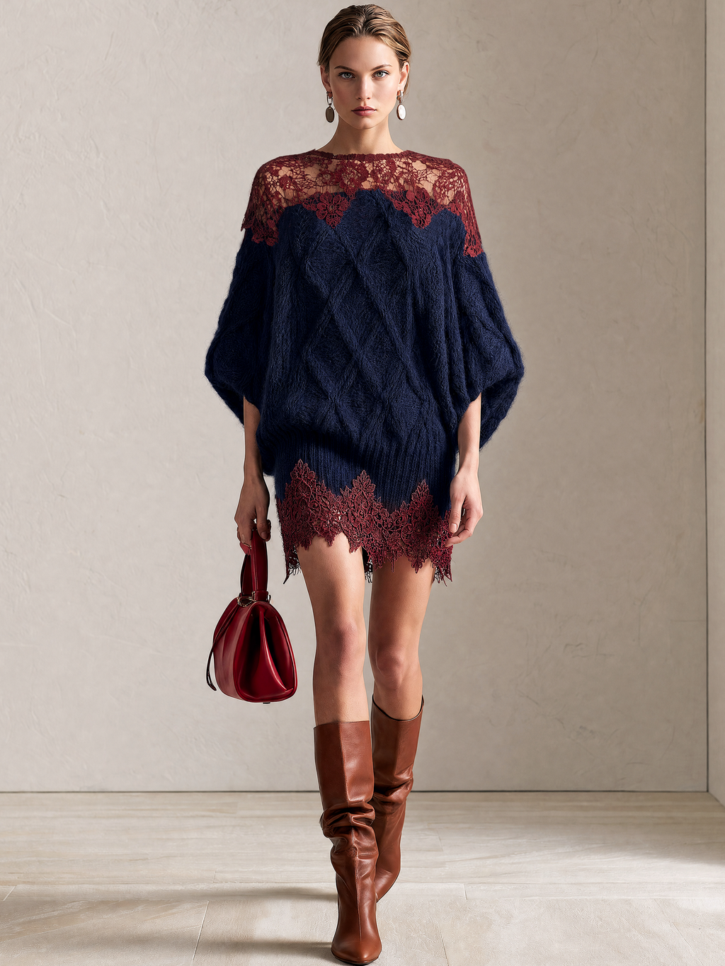 Wine‑Red Lace‑Trim Navy Cable‑Knit Batwing‑Sleeve Mini Dress