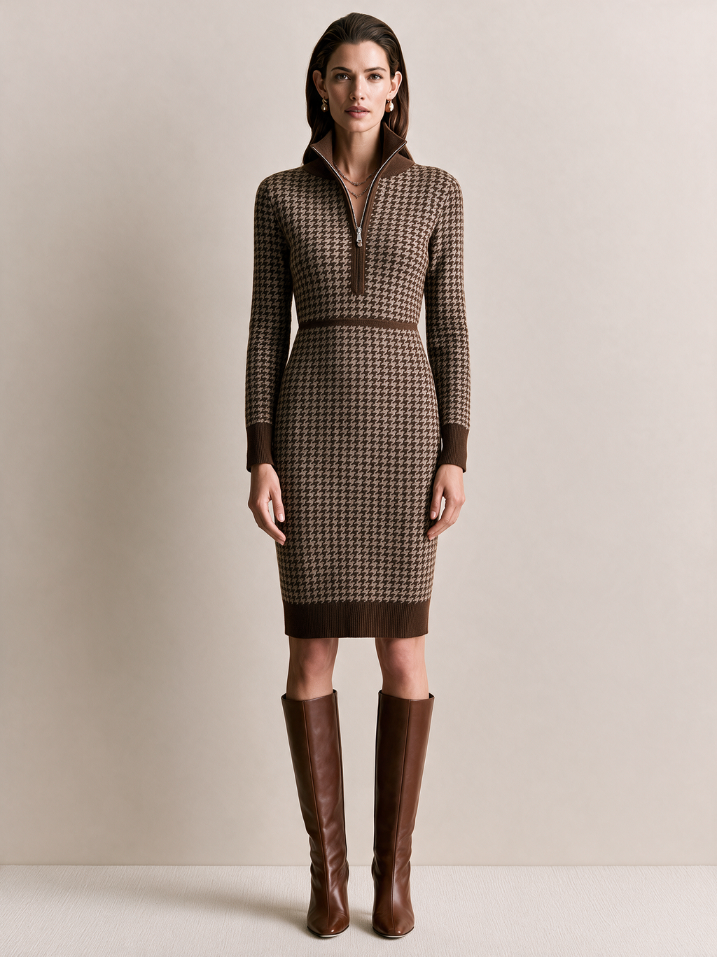 Camel Houndstooth Half-Zip Knit Midi Dress