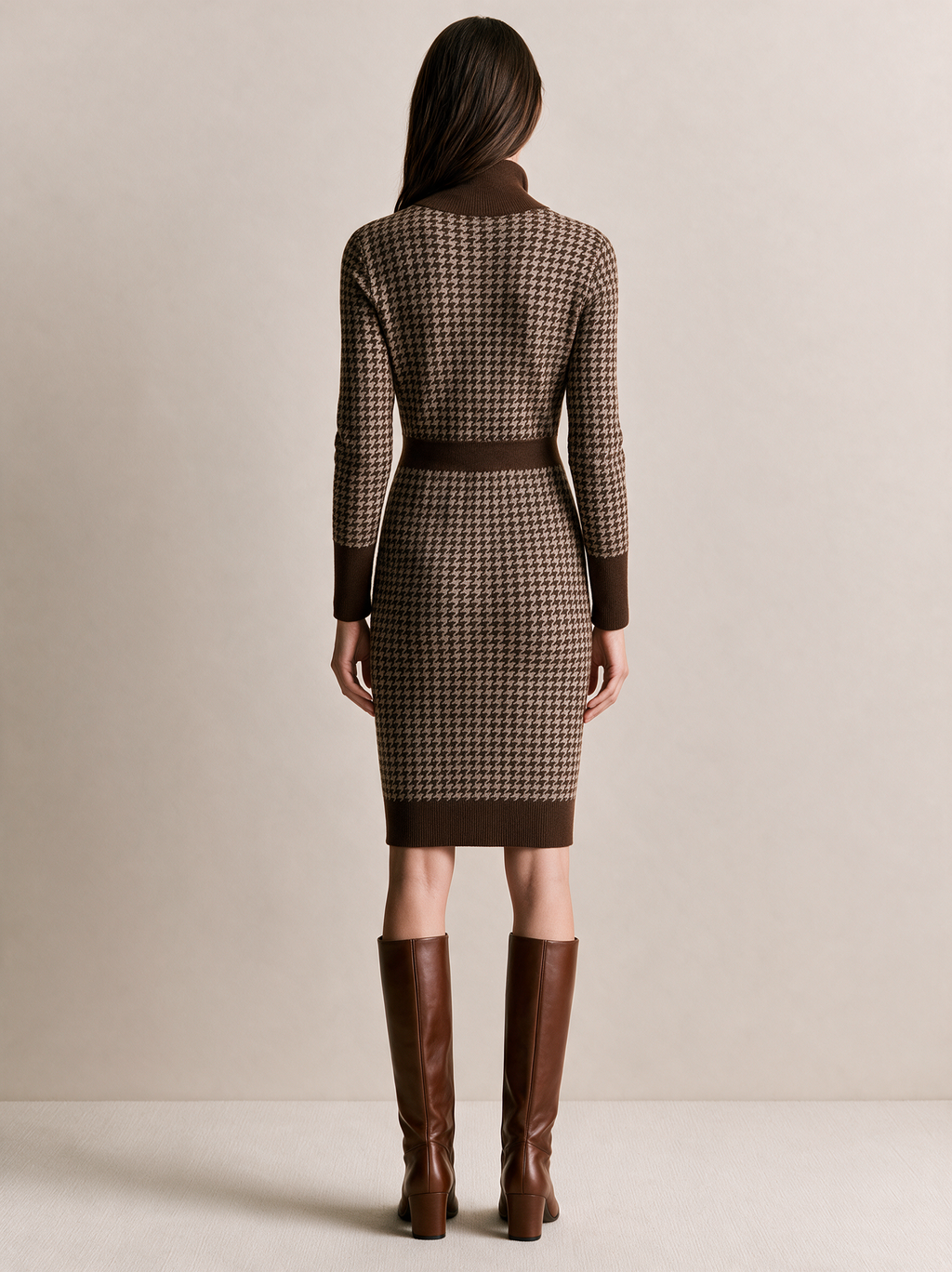 Camel Houndstooth Half-Zip Knit Midi Dress