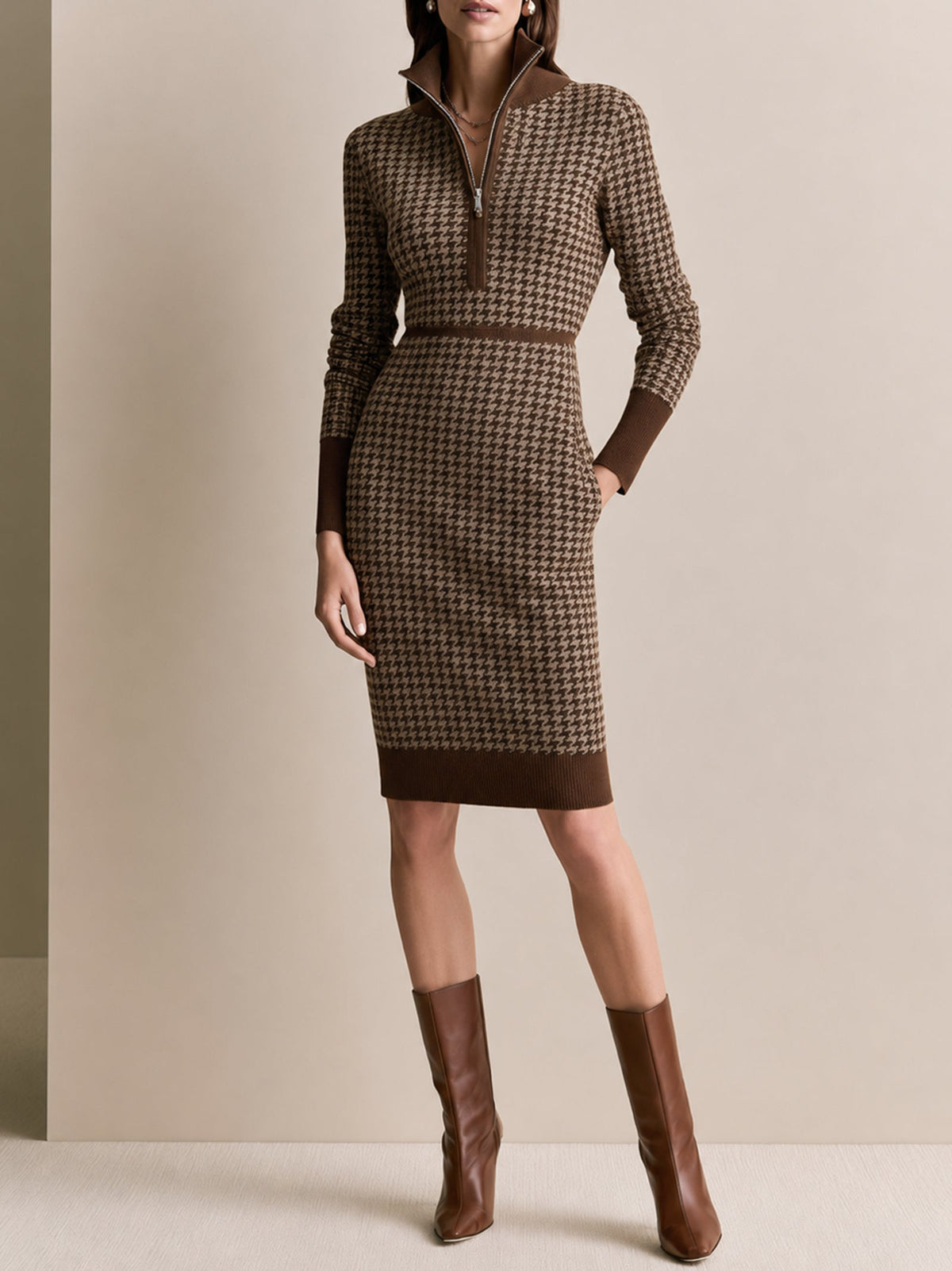 Camel Houndstooth Half-Zip Knit Midi Dress