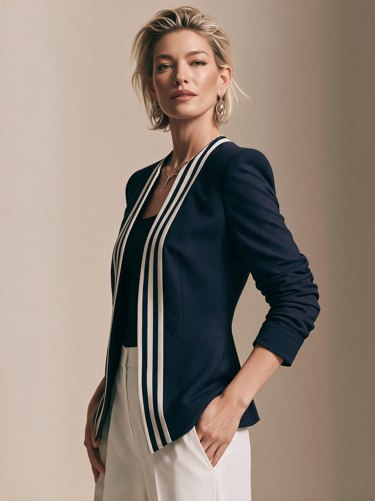Elegant Navy & Ivory Stripe Contrast Blazer