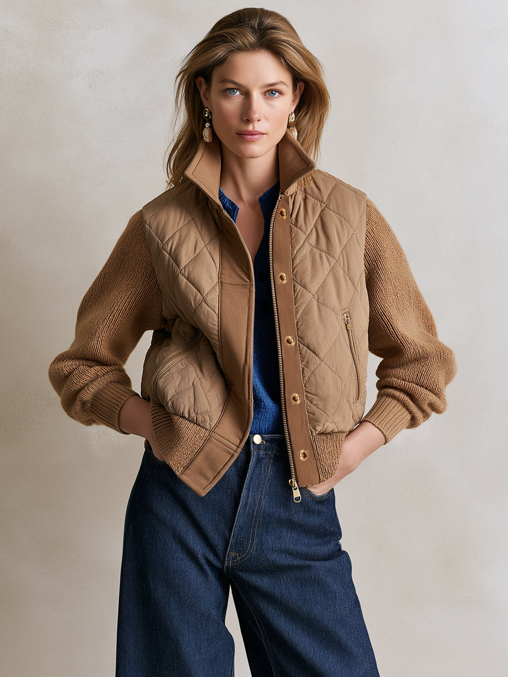 Faux‑Layer Knit‑Sleeve Jacket Outerwear