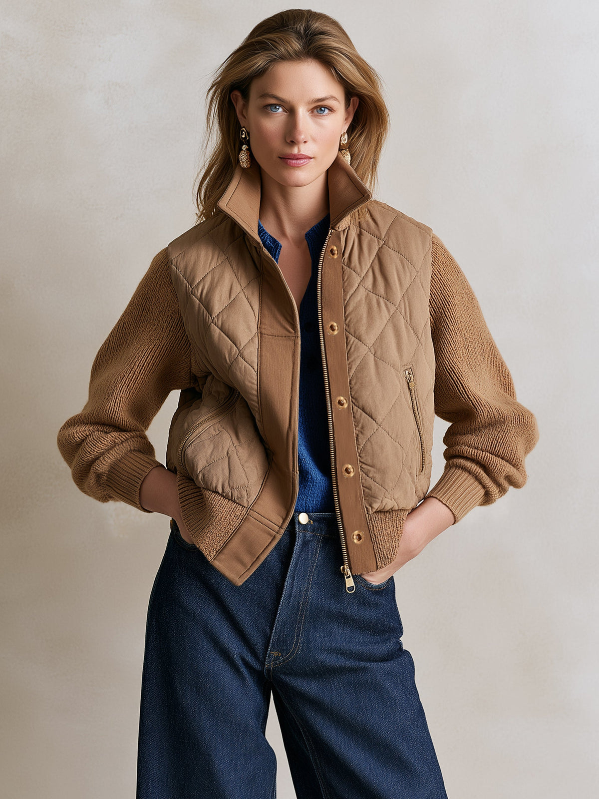 Faux‑Layer Knit‑Sleeve Jacket Outerwear