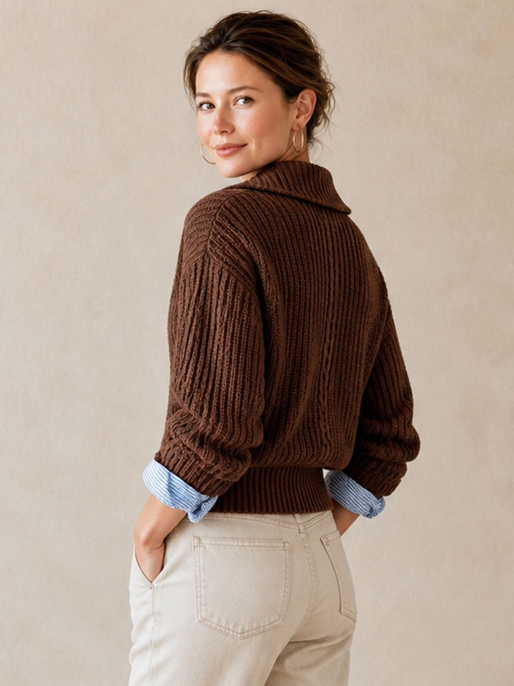 Brown Cable‑Knit Collared Fake Two‑Piece Pullover