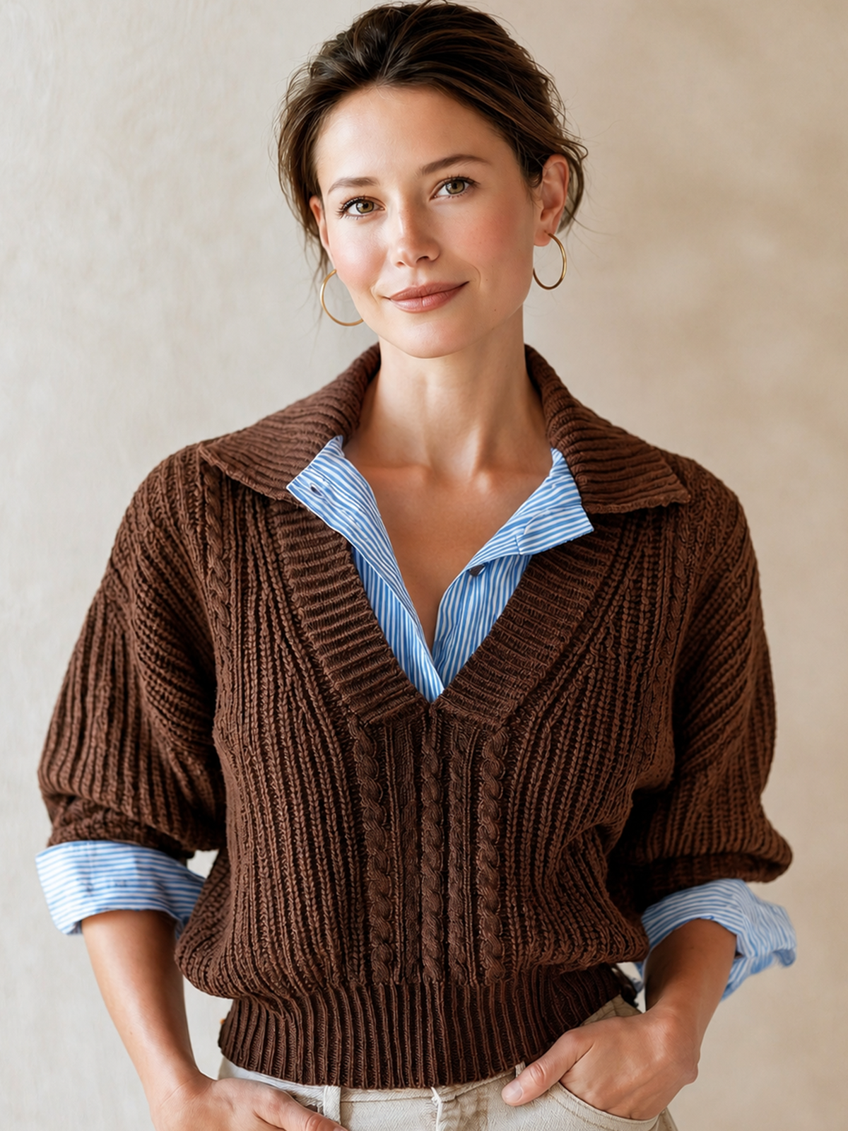 Brown Cable‑Knit Collared Fake Two‑Piece Pullover
