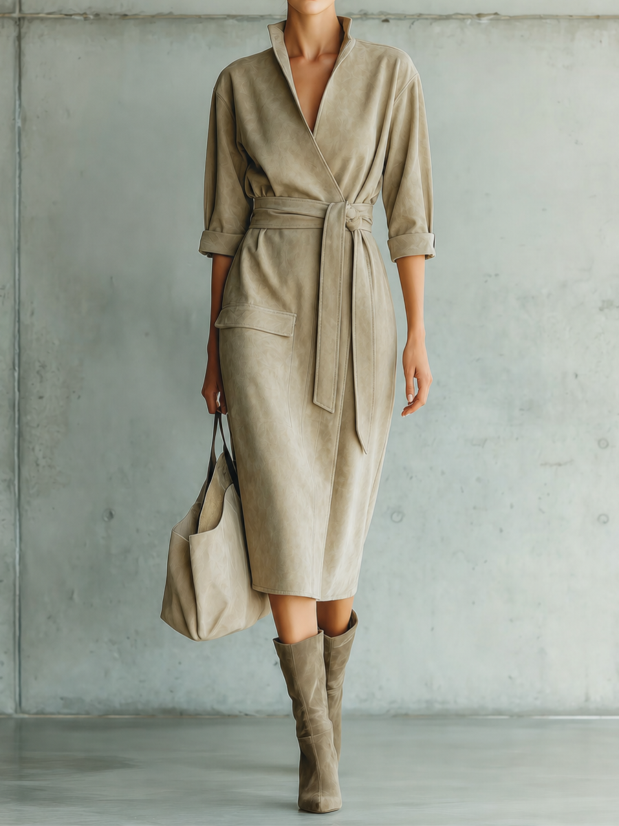 Women's Stand Collar Pocket Beige Wrap Dress MDZ0167I7YZJ