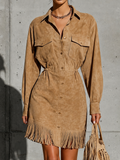Women's Fringe Hem Tan Shirt Dress MDZ0107I4YZJ