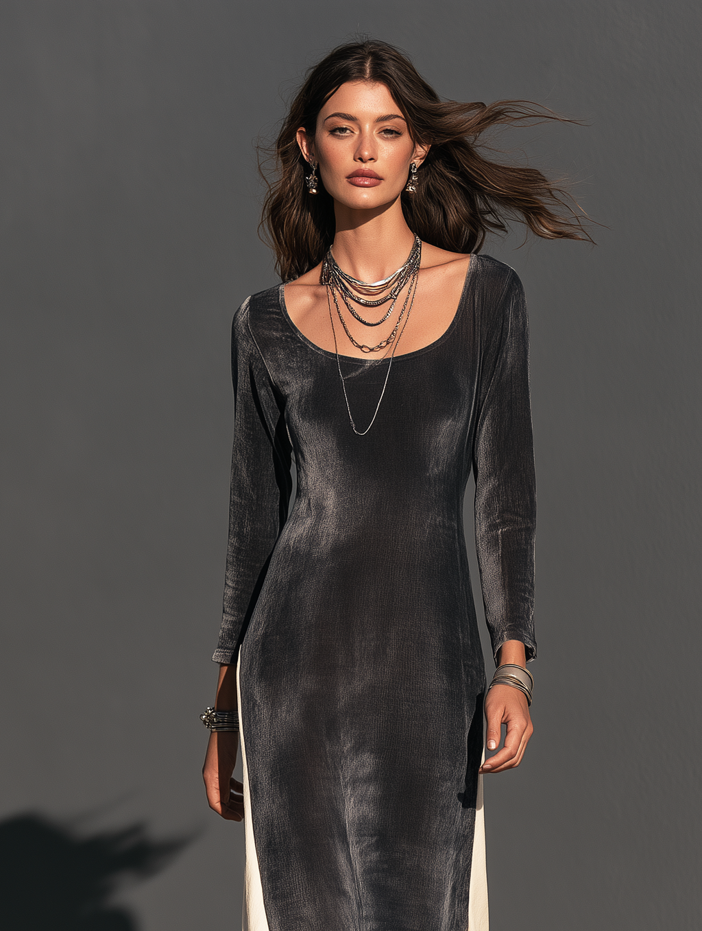 Women's Casual Long-Sleeve Maxi Dress In Dark Gray And White Color-Block Velvet MDZ0172I0LXY